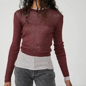 NWT Free People Open Knit Ribbed Cropped Long Sleeve Sweater XS Red Fairy Grunge